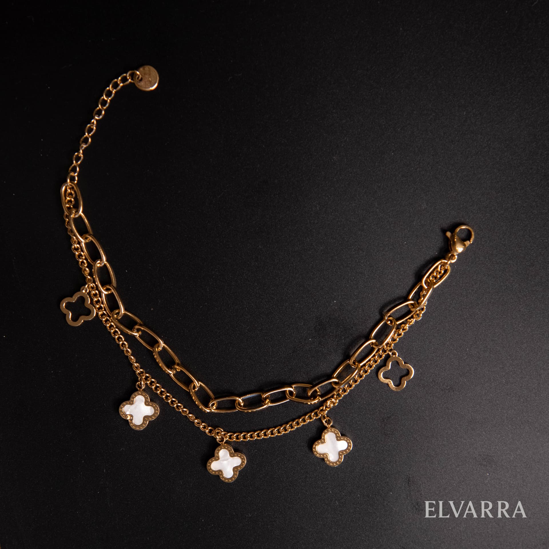 Double Chains Fashion Lucky five Leaf Clover Stainless Steel Bracelet