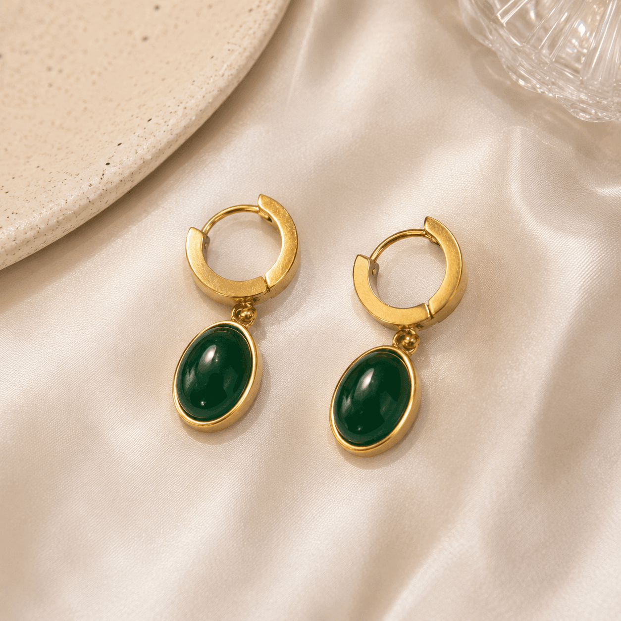 Emerald Green Oval Drop Hoop Earrings – Gold Plated Elegant Statement Earrings