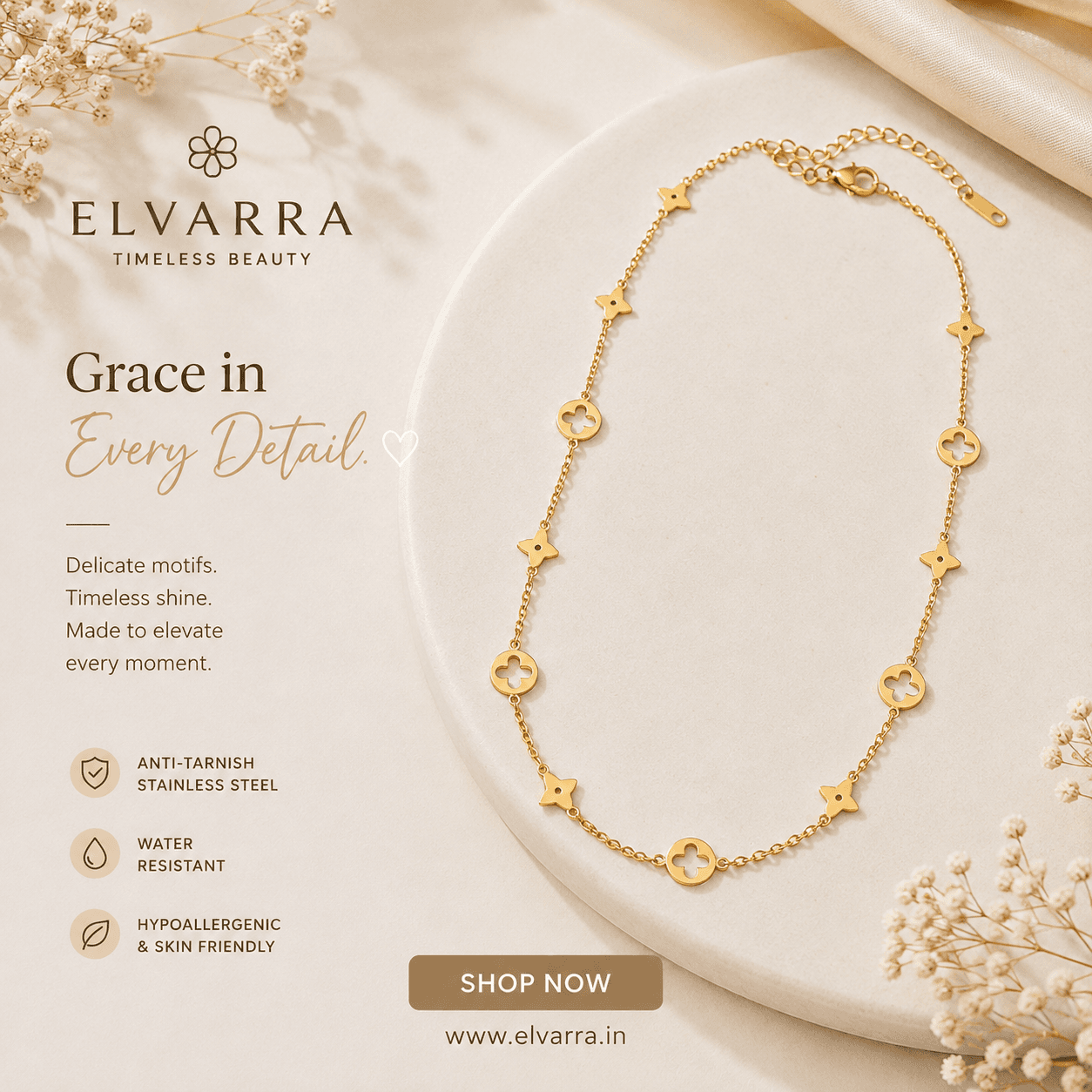 Elvarra Anti-Tarnish Gold Motif Necklace – Waterproof Stainless Steel Statement Necklace