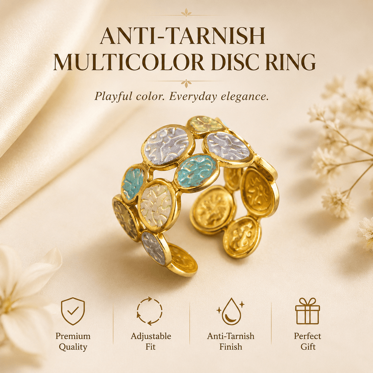 Anti-Tarnish Multicolor Disc Adjustable Ring