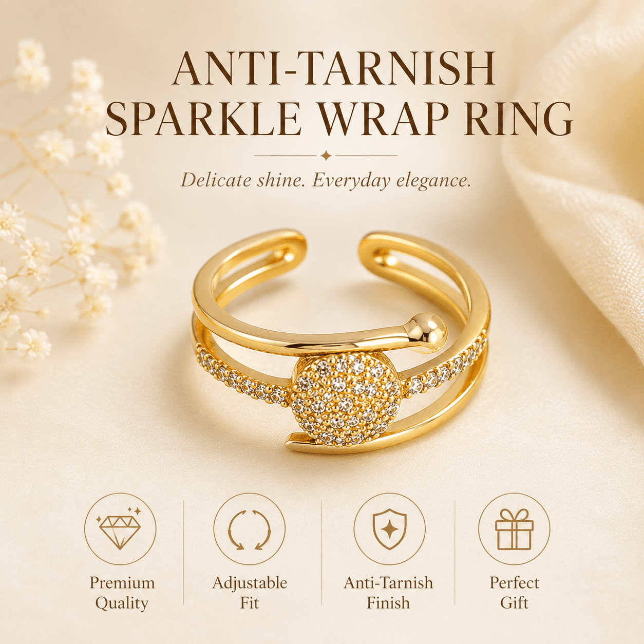 Anti-Tarnish Sparkle Wrap Adjustable Ring